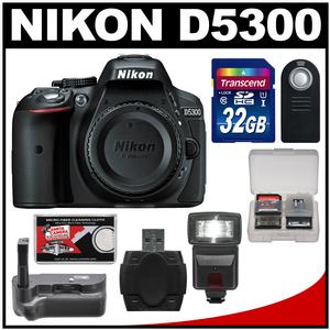 Nikon D5300 Digital SLR Camera Body (Black) - Factory Refurbished with 32GB Card + Flash + Battery Grip + Remote + Accessory Kit