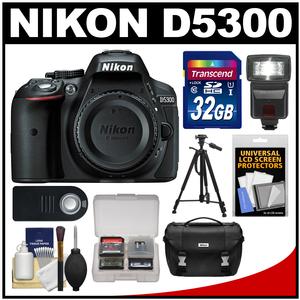 Nikon D5300 Digital SLR Camera Body (Black) - Factory Refurbished with 32GB Card + Case + Flash + Tripod + Remote + Kit