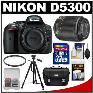 Nikon D5300 Digital SLR Camera Body (Black) - Factory Refurbished with 55-200mm DX Zoom Lens + 32GB Card + Case + Tripod + Filter + Kit