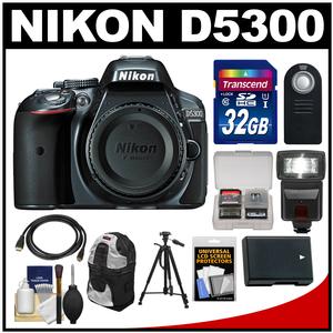 Nikon D5300 Digital SLR Camera Body (Grey) with 32GB Card + Backpack + Flash + Battery + Tripod + Remote Kit