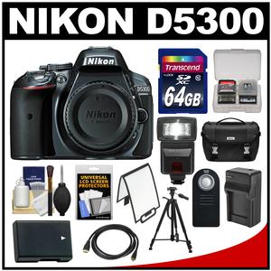 Nikon D5300 Digital SLR Camera Body (Grey) with 64GB Card + Case + Flash + Battery & Charger + Tripod Kit
