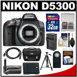 Nikon D5300 Digital SLR Camera Body (Grey) with 32GB Card + Case + Grip + Battery & Charger + Tripod + HDMI Cable + Remote Kit