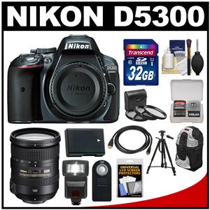 Nikon D5300 Digital SLR Camera Body (Grey) with 18-200mm VR II Zoom Lens + 32GB Card + Backpack + Flash + Battery + Tripod Kit