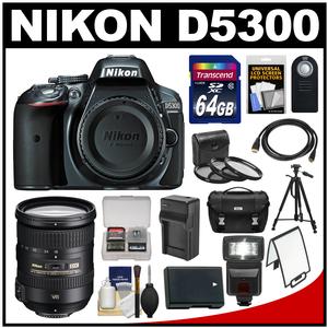 Nikon D5300 Digital SLR Camera Body (Grey) with 18-200mm VR II Zoom Lens + 64GB Card + Case + Flash + Battery + Tripod + Kit