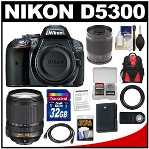 Nikon D5300 Digital SLR Camera Body (Grey) with 18-140mm VR Zoom & 500mm Mirror Lens + 32GB Card + Backpack + Battery Kit