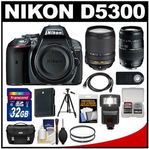 Nikon D5300 Digital SLR Camera Body (Grey) with 18-140mm VR & 70-300mm Zoom Lens + 32GB Card + Case + Flash + Battery Kit