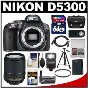Nikon D5300 Digital SLR Camera Body (Grey) with 18-140mm VR Zoom Lens + 64GB Card + Case + Flash + Grip + Battery + Tripod Kit