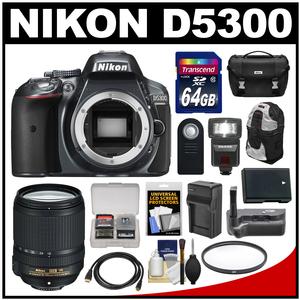 Nikon D5300 Digital SLR Camera Body (Grey) with 18-140mm VR Zoom Lens + 64GB Card + Case + Flash + Grip + Battery & Charger Kit Nikon D5300 Digital SLR Camera Body (Grey) with 18-140mm VR Zoom Lens + 64GB Card + Case + Flash + Grip + Battery & Charger Kit