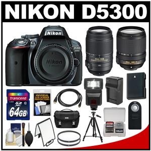 Nikon D5300 Digital SLR Camera Body (Grey) with 18-140mm VR & 55-300mm VR Zoom Lens + 64GB Card + Case + Flash Kit