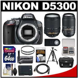 Nikon D5300 Digital SLR Camera Body (Grey) with 18-140mm & 55-300mm VR Zoom Lens + 64GB Card + Case + Grip + Battery + Tripod Kit