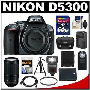 Nikon D5300 Digital SLR Camera Body (Grey) with 70-300mm VR Zoom Lens + 64GB Card + Case + Flash + Battery & Charger + Tripod Kit