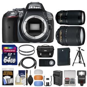 Nikon D5300 Digital SLR Camera Body (Grey) with 18-140mm & 70-300mm VR Lens + 64GB Card + Case + Flash + Battery\/Charger + Tripod Kit Nikon D5300 Digital SLR Camera Body (Grey) with 18-140mm & 70-300mm VR Lens + 64GB Card + Case + Flash + Battery\/Charger + Tripod Kit