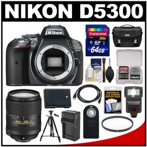Nikon D5300 Digital SLR Camera Body (Grey) with 18-300mm VR Lens + 64GB Card + Case + Flash + Battery/Charger + Tripod Kit