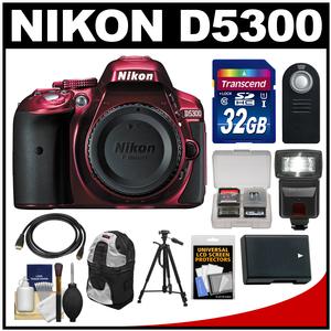 Nikon D5300 Digital SLR Camera Body (Red) with 32GB Card + Backpack + Flash + Battery + Tripod + Remote Kit