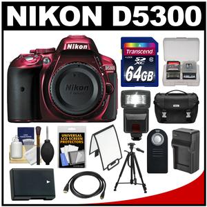 Nikon D5300 Digital SLR Camera Body (Red) with 64GB Card + Case + Flash + Battery & Charger + Tripod Kit