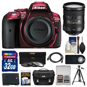 Nikon D5300 Digital SLR Camera Body (Red) with 18-200mm VR II Zoom Lens + 32GB Card + Case + Battery + Tripod + Kit
