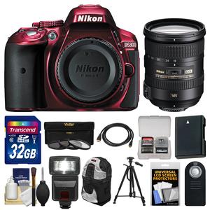 Nikon D5300 Digital SLR Camera Body (Red) with 18-200mm VR II Zoom Lens + 32GB Card + Backpack + Flash + Battery + Tripod Kit