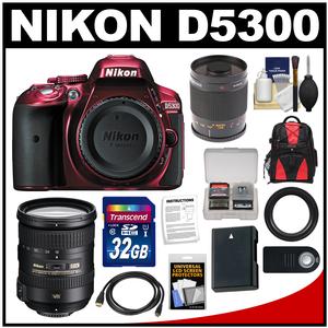 Nikon D5300 Digital SLR Camera Body (Red) with 18-200mm VR II Zoom & 500mm Mirror Lens + 32GB Card + Backpack + Battery Kit