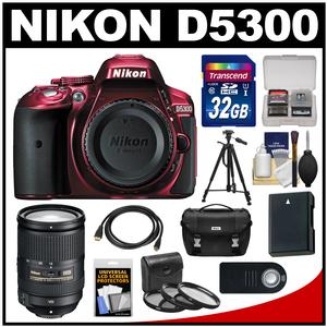 Nikon D5300 Digital SLR Camera Body (Red) with 18-300mm VR Zoom Lens + 32GB Card + Case + Battery + Tripod + Remote Kit