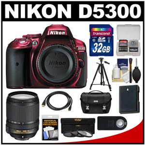 Nikon D5300 Digital SLR Camera Body (Red) with 18-140mm VR Zoom Lens + 32GB Card + Case + Battery + Tripod + Kit