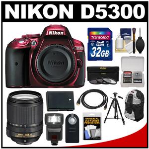Nikon D5300 Digital SLR Camera Body (Red) with 18-140mm VR Zoom Lens + 32GB Card + Backpack + Flash + Battery + Tripod Kit