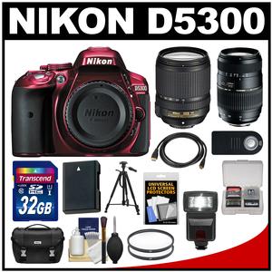 Nikon D5300 Digital SLR Camera Body (Red) with 18-140mm VR & 70-300mm Zoom Lens + 32GB Card + Case + Flash + Battery Kit