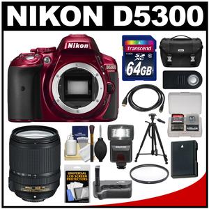 Nikon D5300 Digital SLR Camera Body (Red) with 18-140mm VR Zoom Lens + 64GB Card + Case + Flash + Grip + Battery + Tripod Kit