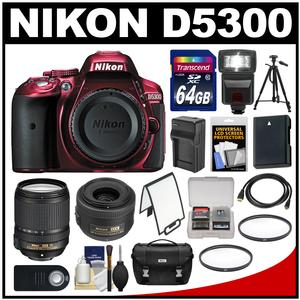 Nikon D5300 Digital SLR Camera Body (Red) with 35mm f/1.8 & 18-140mm VR Zoom Lens + 64GB Card + Case + Flash + Battery Kit