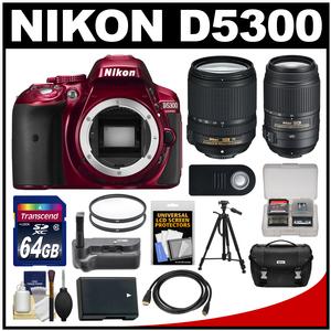 Nikon D5300 Digital SLR Camera Body (Red) with 18-140mm & 55-300mm VR Zoom Lens + 64GB Card + Case + Grip + Battery + Tripod Kit