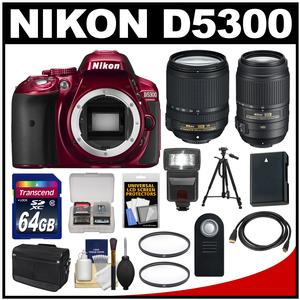 Nikon D5300 Digital SLR Camera Body (Red) with 18-140mm VR Zoom Lens + 55-300mm VR Zoom Lens + 64GB Card + Case + Flash Kit