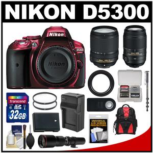 Nikon D5300 Digital SLR Camera Body (Red) with 18-140mm 55-300mm VR & 500mm Lenses + 32GB Card + Backpack + Battery & Charger Kit