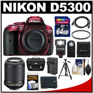 Nikon D5300 Digital SLR Camera Body (Red) with 55-200mm VR Zoom Lens + 64GB Card + Case + Flash + Battery & Charger + Tripod Kit
