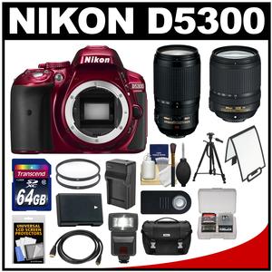 Nikon D5300 Digital SLR Camera Body (Red) with 18-140mm & 70-300mm VR Lens + 64GB Card + Case + Flash + Battery/Charger + Tripod Kit