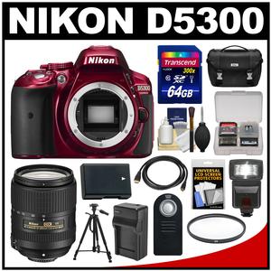 Nikon D5300 Digital SLR Camera Body (Red) with 18-300mm VR Lens + 64GB Card + Case + Flash + Battery/Charger + Tripod Kit