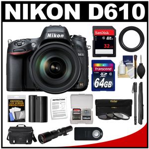 Nikon D610 Digital SLR Camera with 28-300mm VR AF-S Zoom Lens Shoulder Bag & 32GB Card with 500mm Telephoto Lens + 64GB Card + Battery + Monopod + Remote + Filter Kit