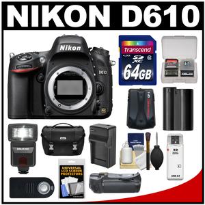 Nikon D610 Digital SLR Camera Body with 64GB Card + Case + Flash + Grip + Battery & Charger + GPS Adapter + Remote Kit