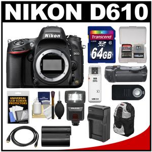 Nikon D610 Digital SLR Camera Body with 64GB Card + Sling Case + Flash + Grip + Battery & Charger + Remote Kit