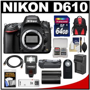 Nikon D610 Digital SLR Camera Body with 64GB Card + Backpack + Flash + Grip + Battery & Charger + HDMI Cable + Remote Kit