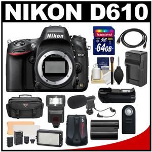 Nikon D610 Digital SLR Camera Body with 64GB Card + Case + Flash + Battery/Charger + Grip + GPS + Microphone/Video Light Kit