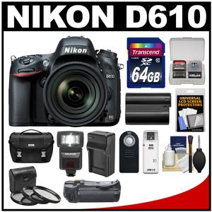 Nikon D610 Digital SLR Camera Body with 24-70mm f/2.8 AF-S Lens + 64GB Card + Case + Flash + Grip + Battery & Charger Kit