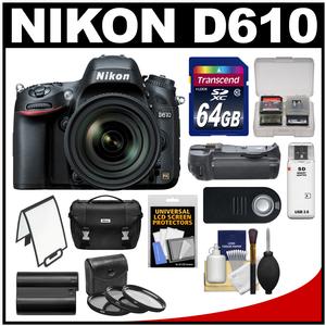Nikon D610 Digital SLR Camera & 24-85mm VR AF-S Zoom Lens with 64GB Card + Case + Grip + Battery + 3 UV/CPL/ND8 Filters + Remote + Kit