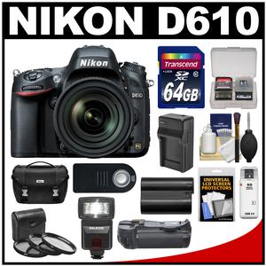 Nikon D610 Digital SLR Camera & 24-85mm VR AF-S Zoom Lens with 64GB Card + Case + Flash + Grip + Battery & Charger + 3 Filters + Remote Kit