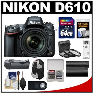 Nikon D610 Digital SLR Camera & 24-85mm VR AF-S Zoom Lens with 64GB Card + Sling Case + Grip + Battery + 3 Filters + Remote + Accessory Kit