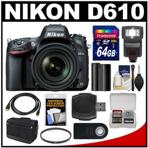Nikon D610 Digital SLR Camera & 24-85mm VR AF-S Zoom Lens with 64GB Card + Case + Flash + Battery + HDMI Cable Kit
