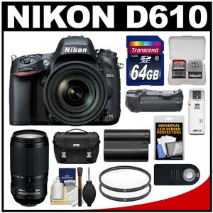 Nikon D610 Digital SLR Camera & 24-85mm VR AF-S Zoom Lens with 70-300mm VR AF-S Lens + 64GB Card + Case + Grip + Battery + Filters + Remote Kit