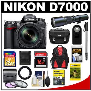 Nikon D7000 Digital SLR Camera & 18-200mm VR II DX AF-S Zoom Lens with 500mm Tele Lens + 32GB & 16GB Cards + Backpack + 3 Filters + Monopod + Accessory Kit - Digital Cameras and Accessories - Hip Lens.com