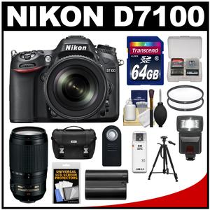 Nikon D7100 Digital SLR Camera & 18-140mm VR DX Lens (Black) with 70-300mm VR Lens + 64GB Card + Case + Flash + Battery + Tripod + Filters Kit