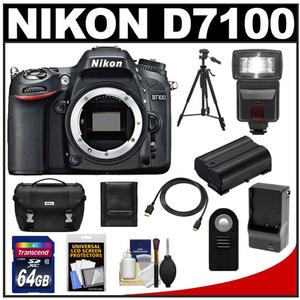 Nikon D7100 Digital SLR Camera Body with 64GB Card + Battery & Charger + Case + Flash + Tripod + Accessory Kit