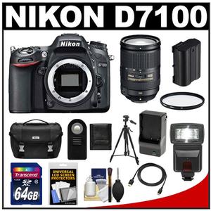 Nikon D7100 Digital SLR Camera Body with 18-300mm VR Lens + 64GB Card + Battery + Case + Flash + Filter + Tripod Kit