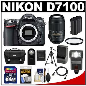 Nikon D7100 Digital SLR Camera Body with 55-300mm VR Lens + 64GB Card + Battery + Case + Flash + Filter + Tripod Kit